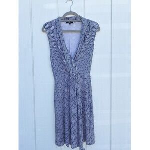 TART Faux Wrap Modal‎ V Neck Fit n Flare Dress, Blue Geometric Pattern, Sz S